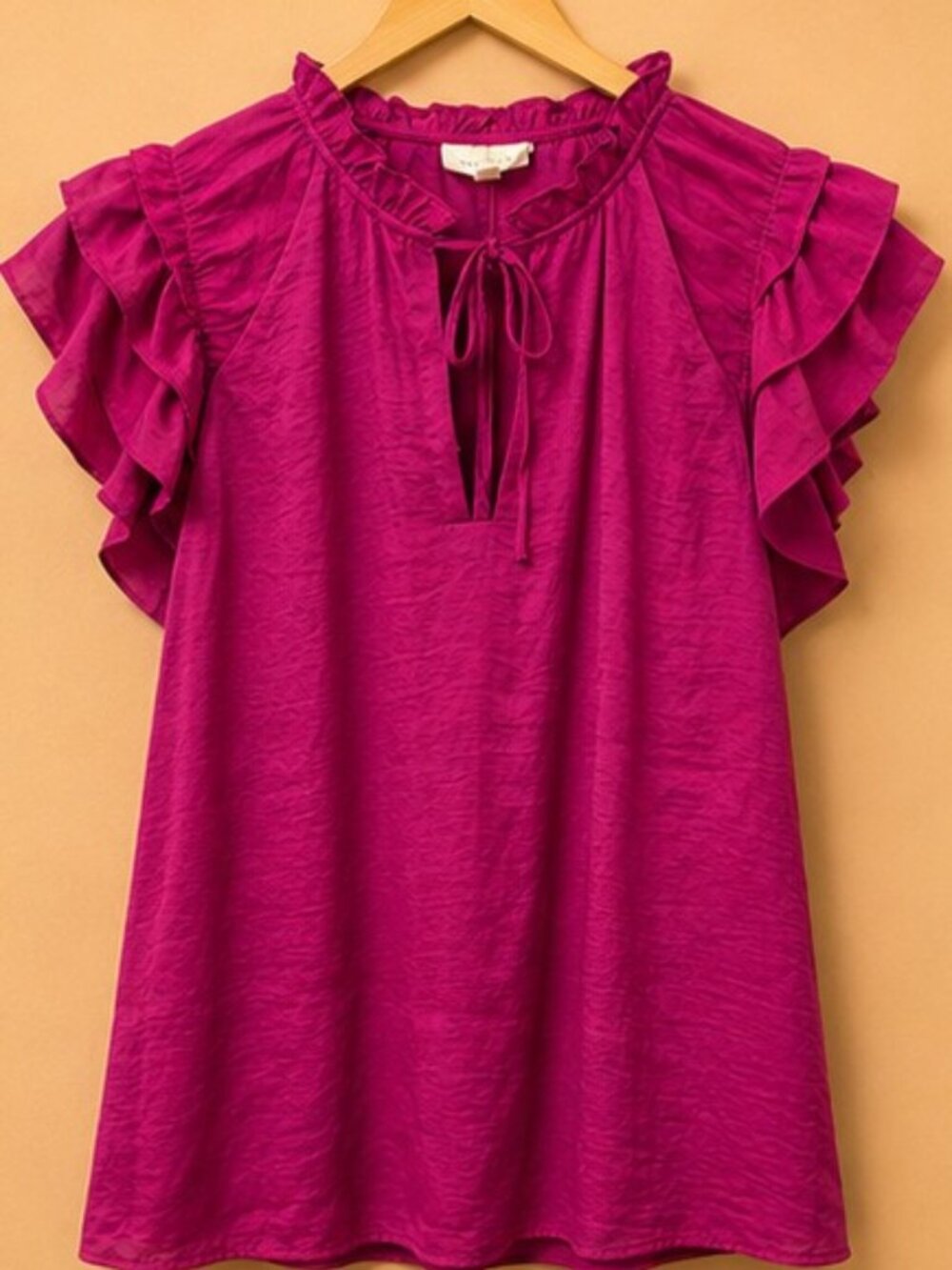 Melloday Fuchsia Ruffle Sleeve Blouse Size M | Satin Feel Tie Neck Top